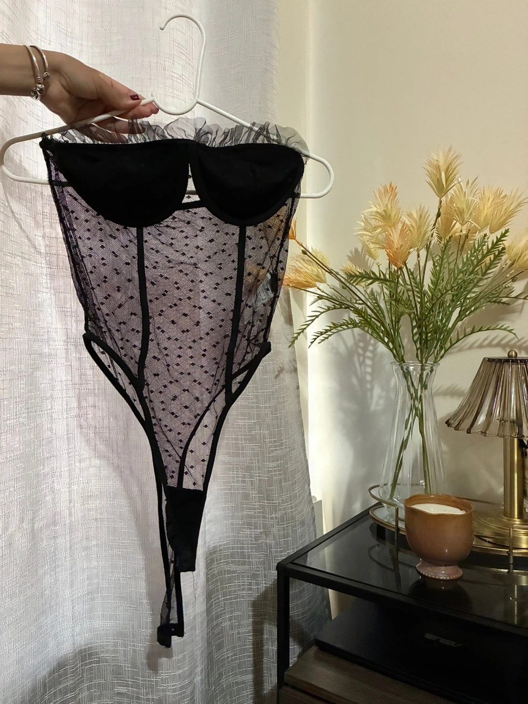Black Tulle Bodysuit with Ruffle Detail