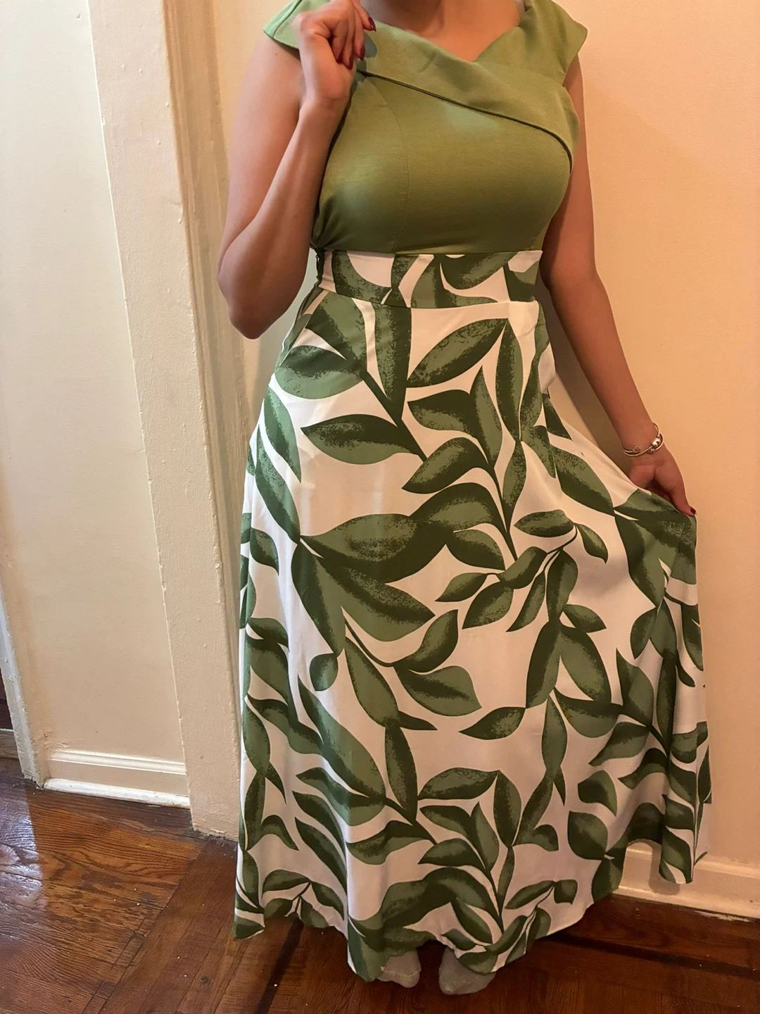 Green Leaf Print Maxi Dress