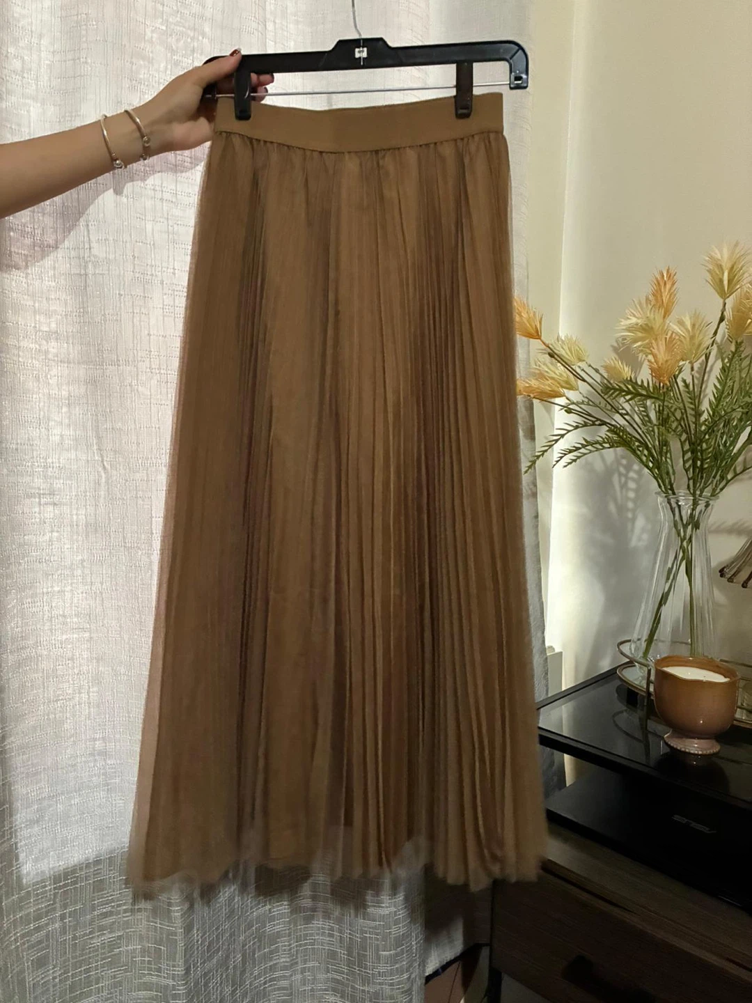 Brown Pleated Tulle Midi Skirt