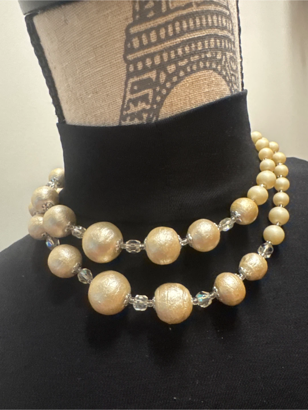 Double Strand VINTAGE Faux Pearl Necklace with Crystal Accents