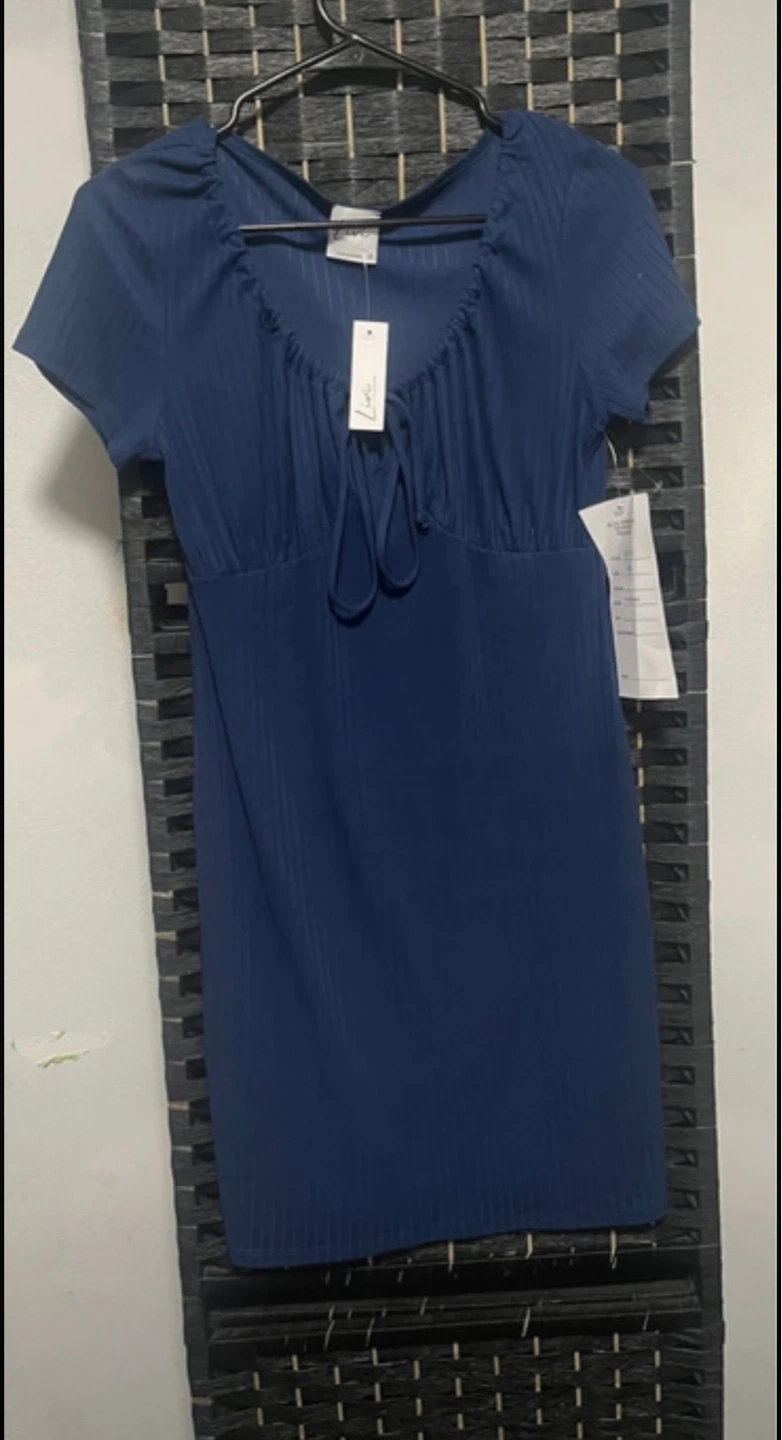 Navy Ribbed Tie-Front Mini Dress - photo 3