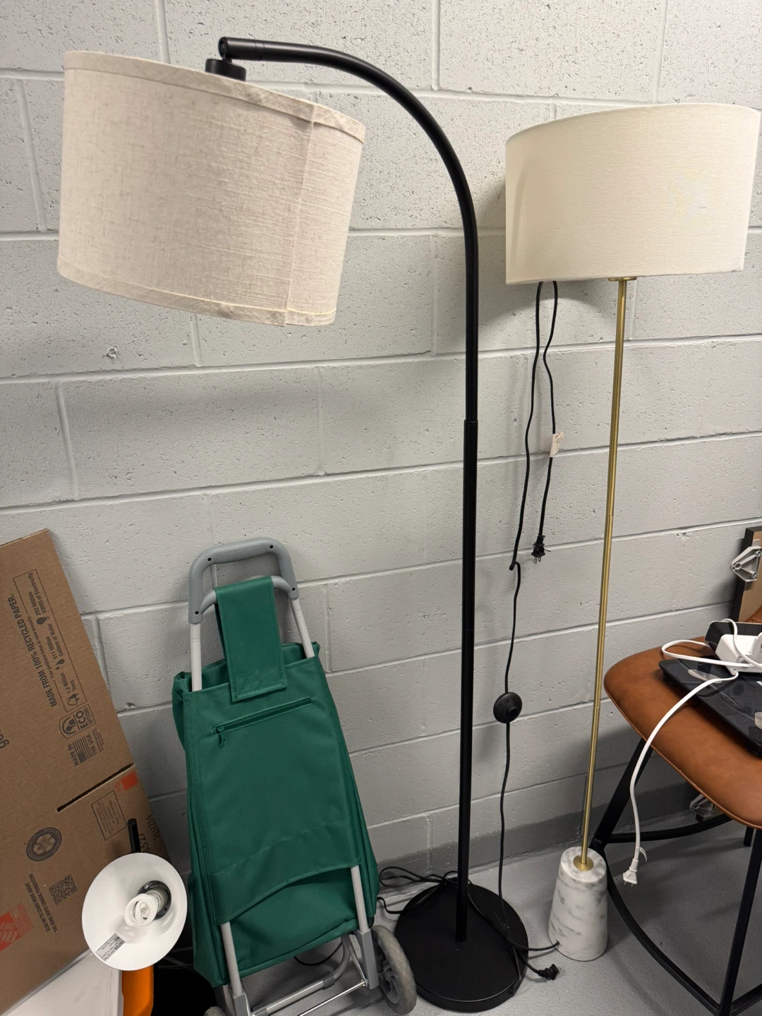 Black Arc Floor Lamp with Beige Shade