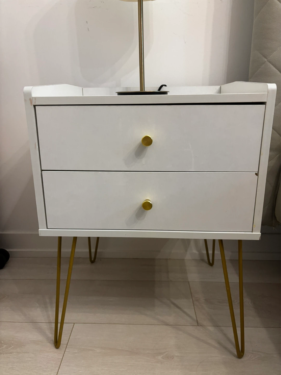 White 2-Drawer Nightstand with Gold Legs