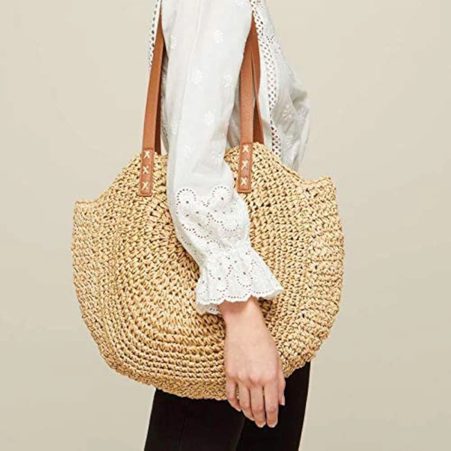 Summer Round Tote Bag Straw shoulder bag Beige - photo 5