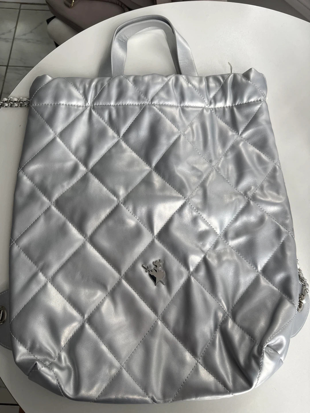 Silver Quilted Backpack with Chain Straps