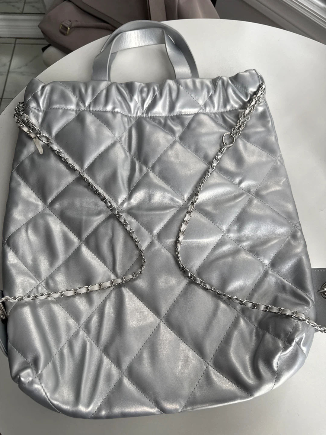 Silver Quilted Backpack with Chain Straps - photo 2