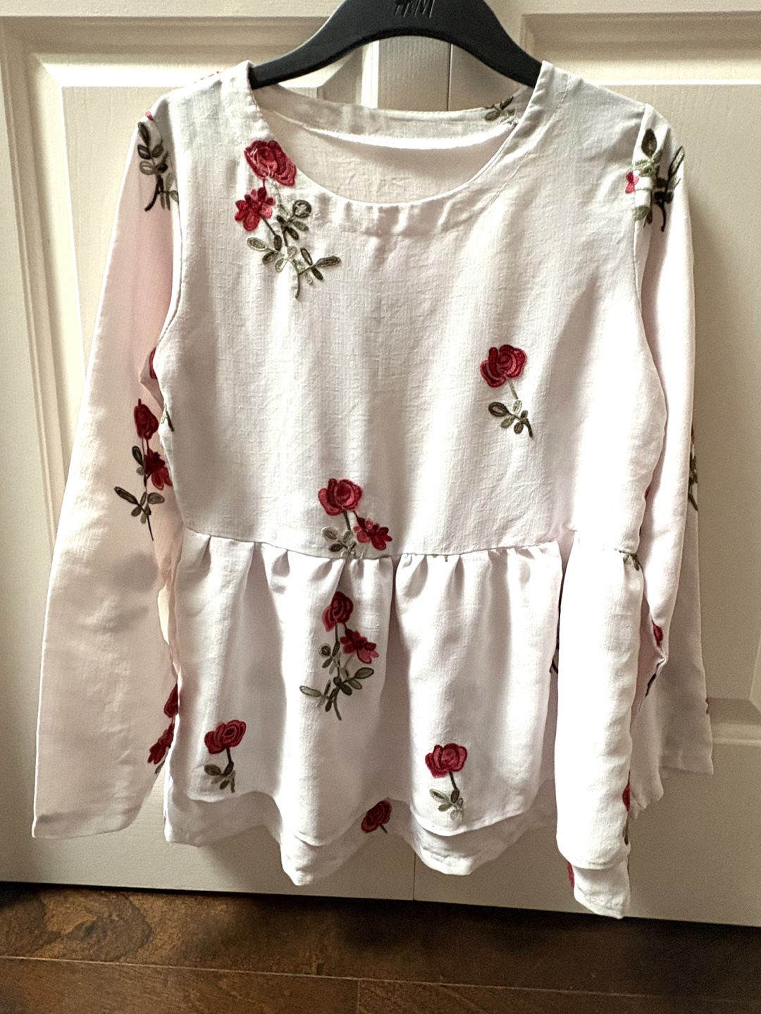 H&M White Peplum Top with Rose Embroidery