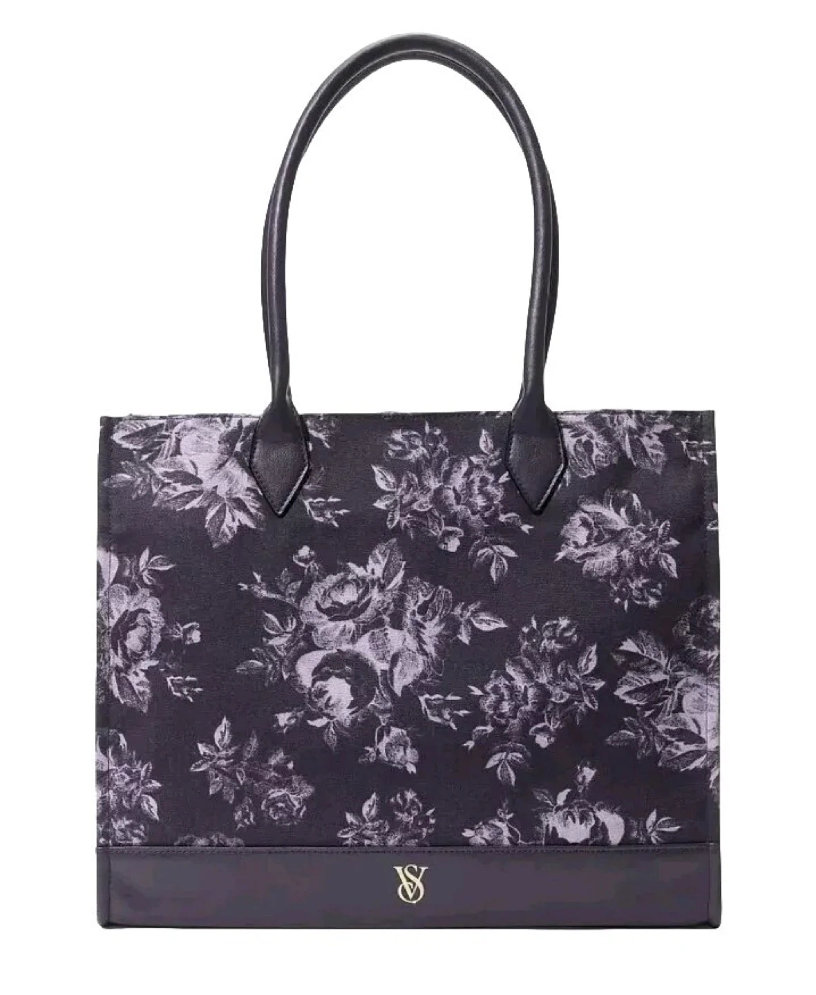 Victoria's Secret Black Floral Purple Beach Tote Bag Weekender