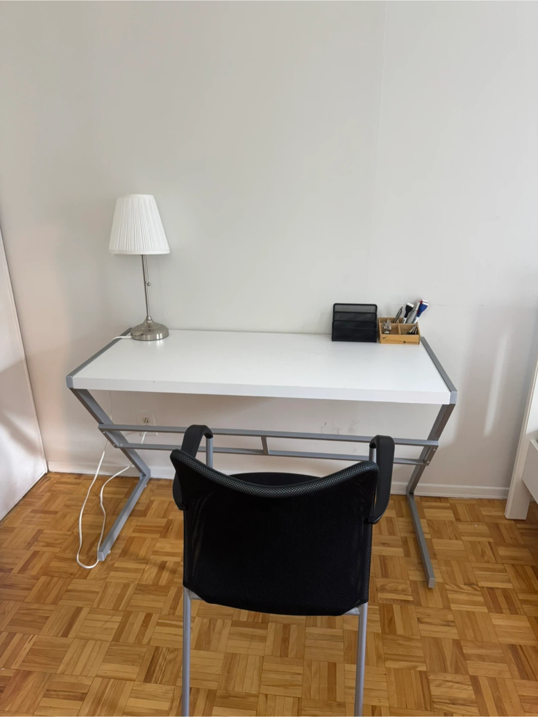 White and Grey Metal Desk with Black Office Chair