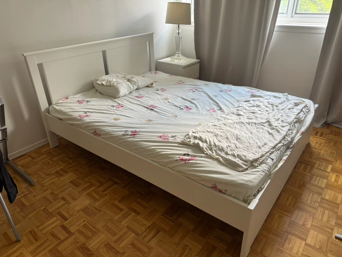 White Wooden Bed Frame, mattress, 3-drawer, and the bedside