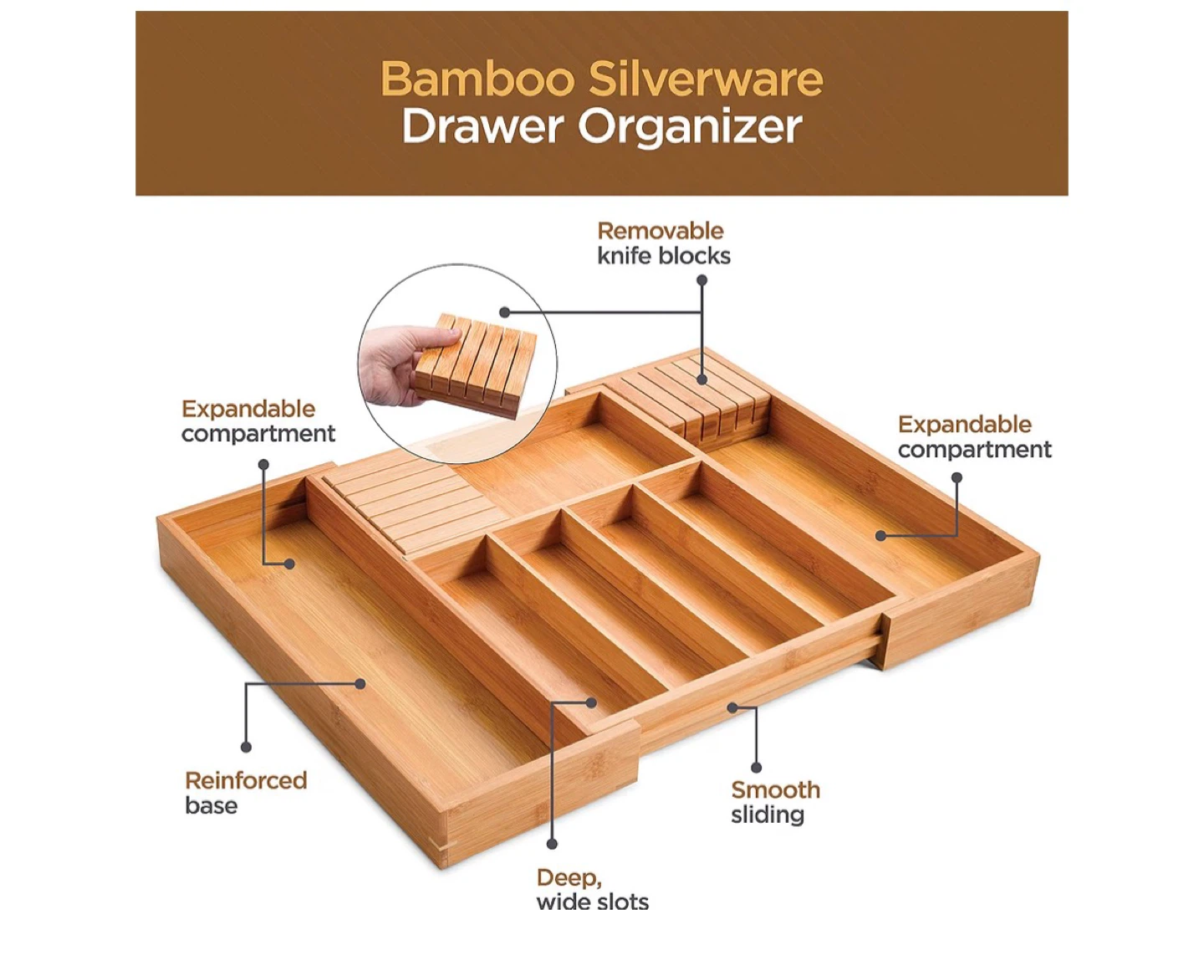 NEW Bamboo Drawer Organizer - Silverware - Expandable - photo 5