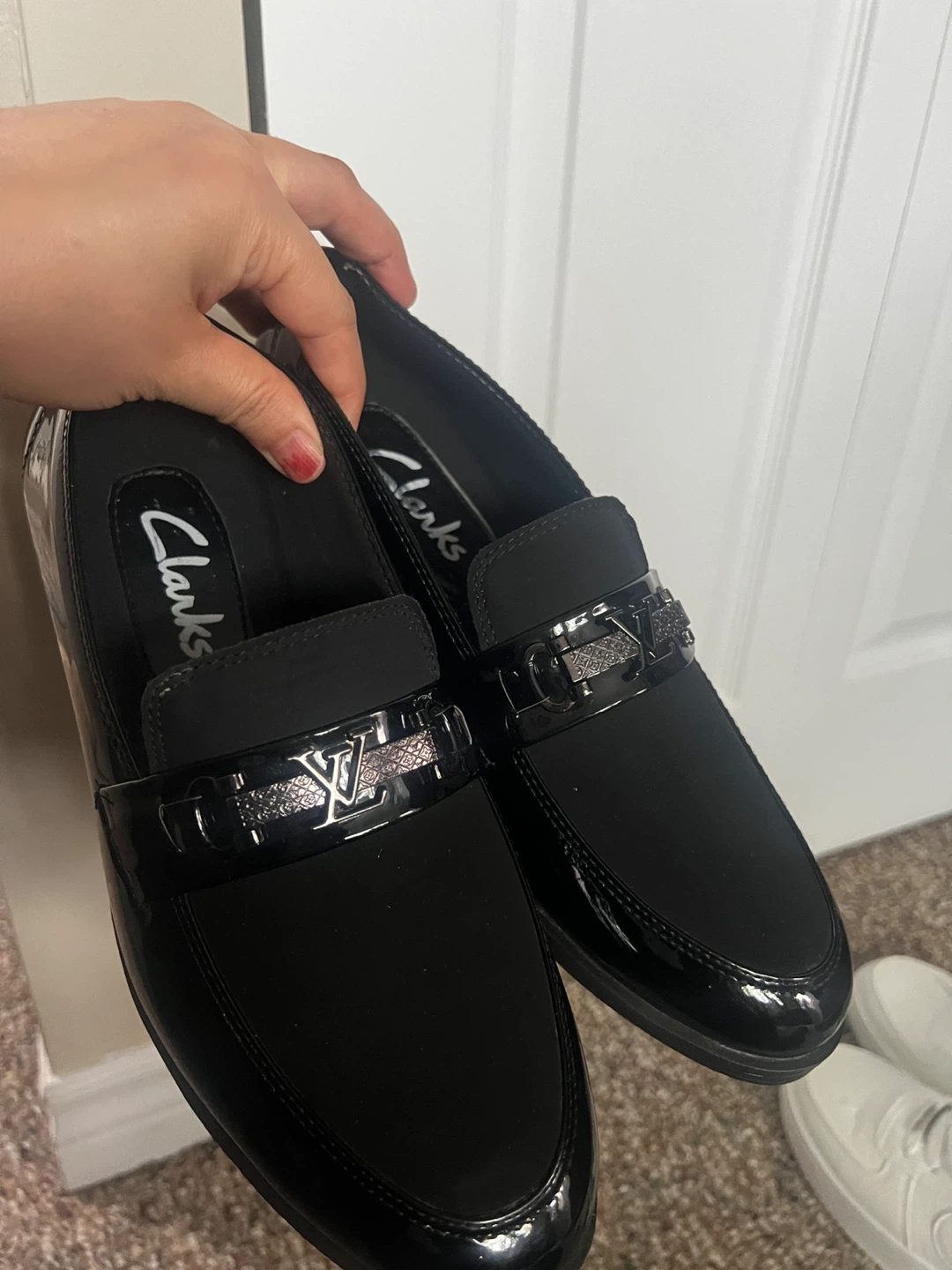 Clarks Black Patent Loafers with Chain Detail