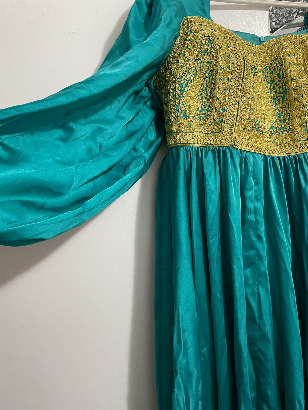 Teal Embellished Maxi Dress with Gold Embroidery