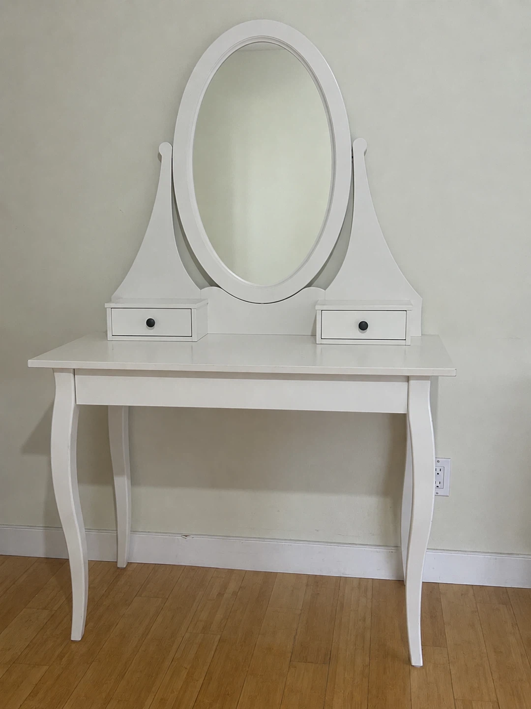 White Vanity Desk with Oval Mirror and Two Drawers
