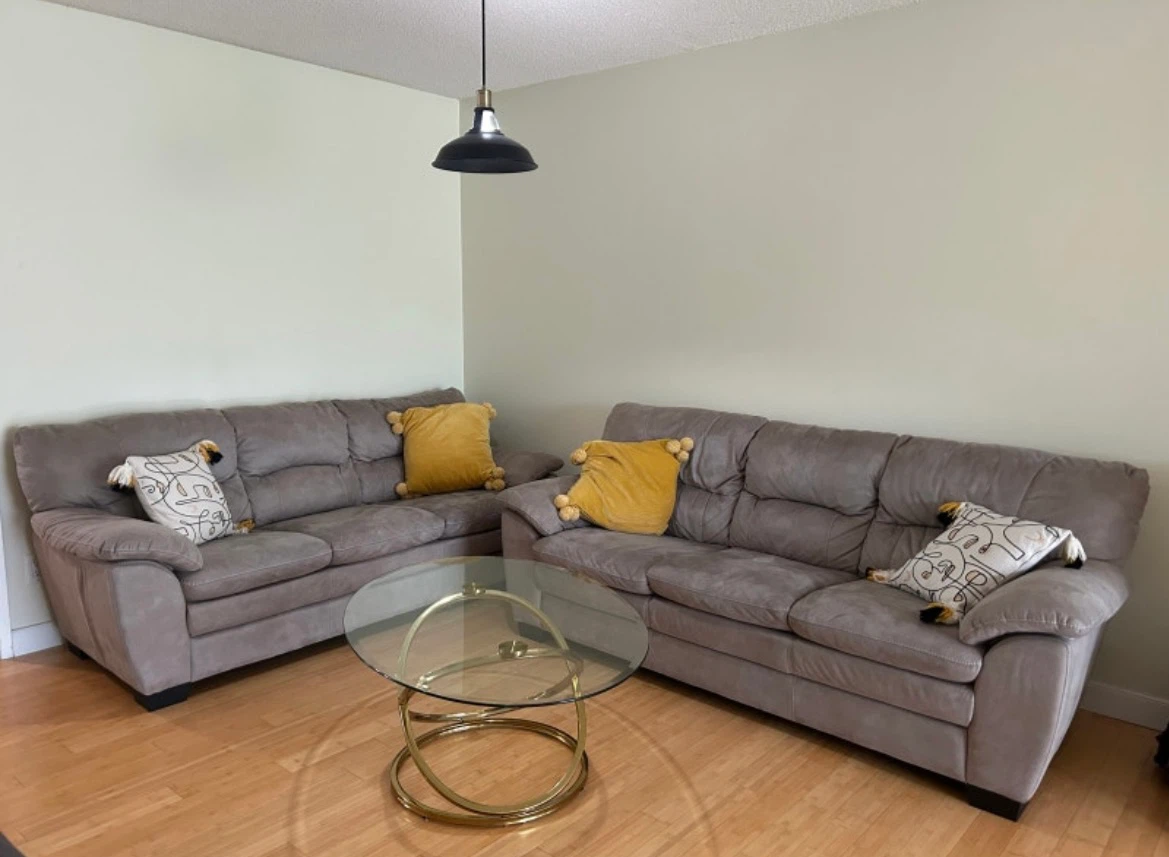 Grey Suede Loveseats with Gold Glass Coffee Table - photo 2