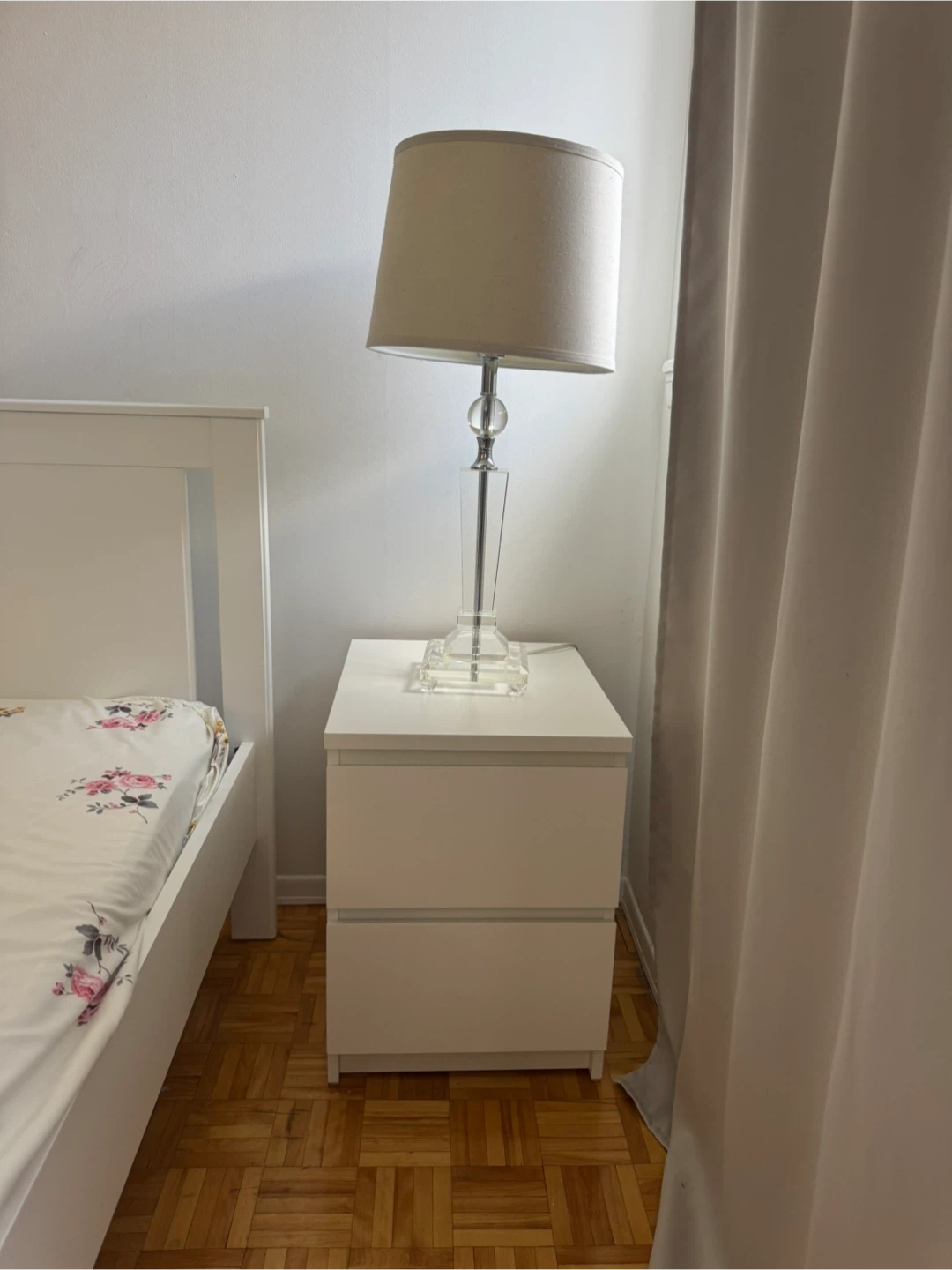 White Wooden Bed Frame, mattress, 3-drawer, and the bedside - photo 2
