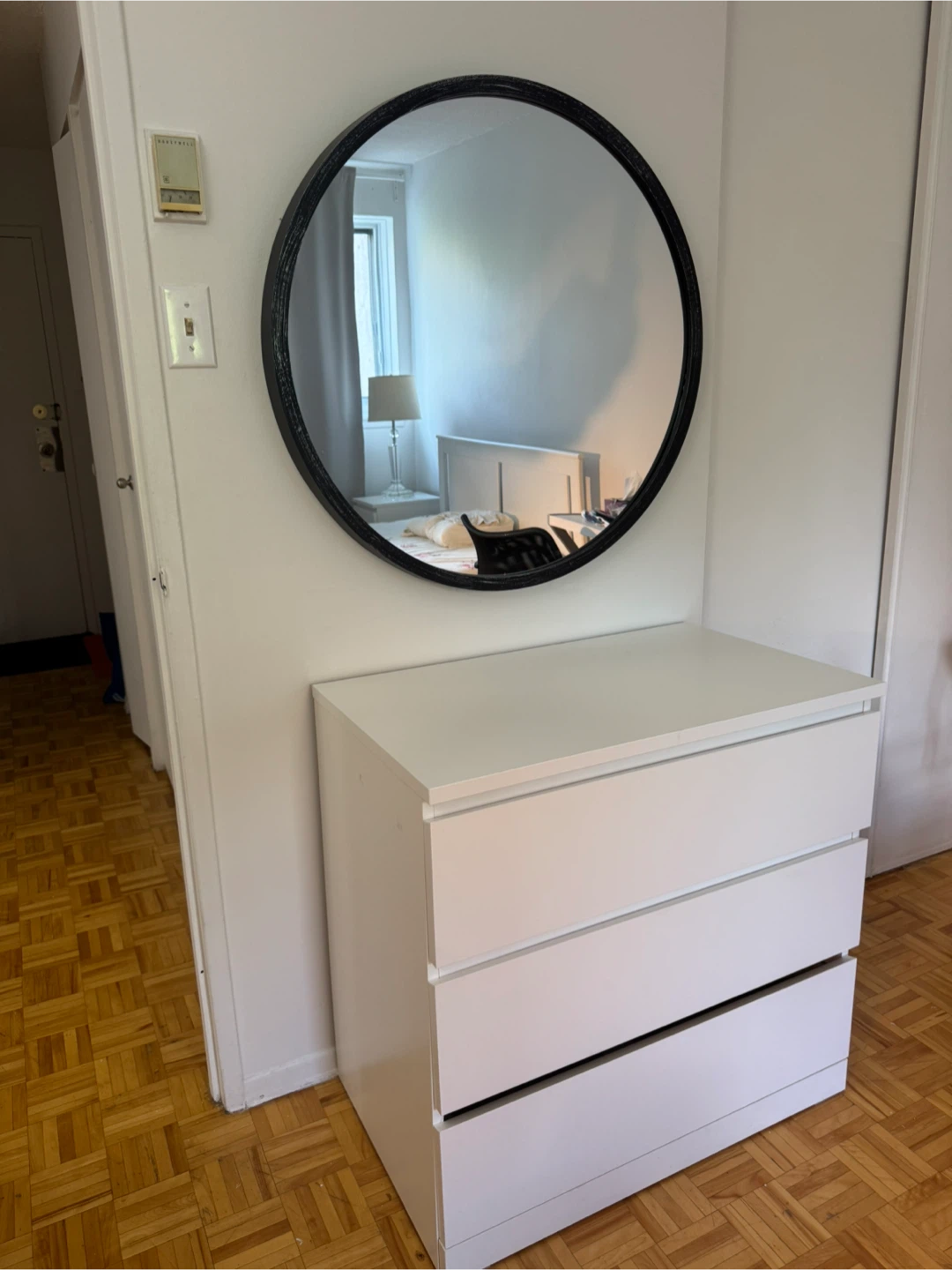 White Wooden Bed Frame, mattress, 3-drawer, and the bedside - photo 3
