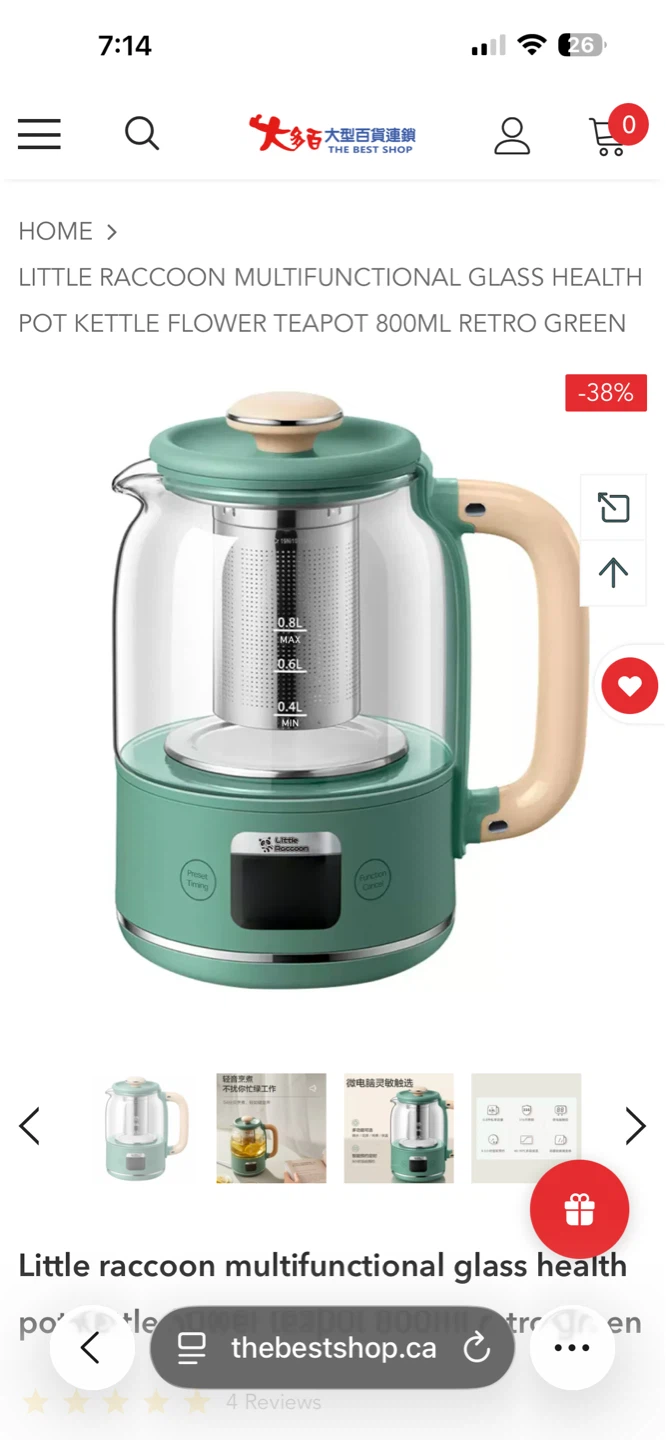 Little Raccoon Multifunctional Glass Kettle 800ML Retro Green