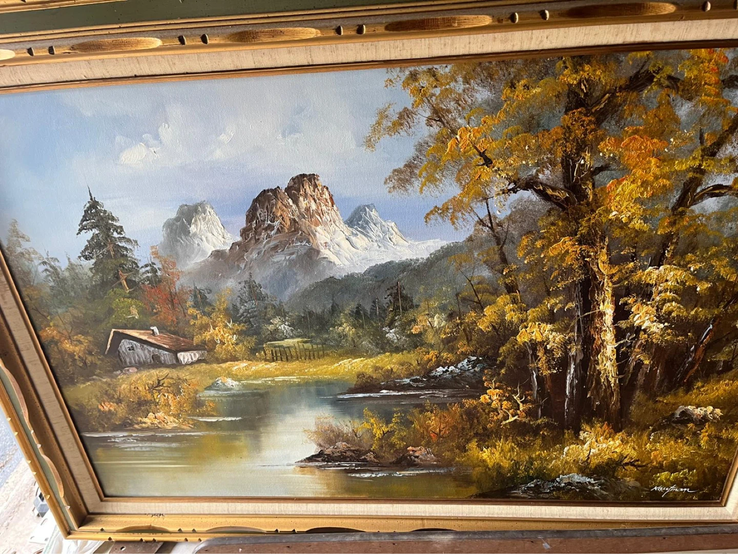 Oil Painting Landscape with Cabin and Mountains