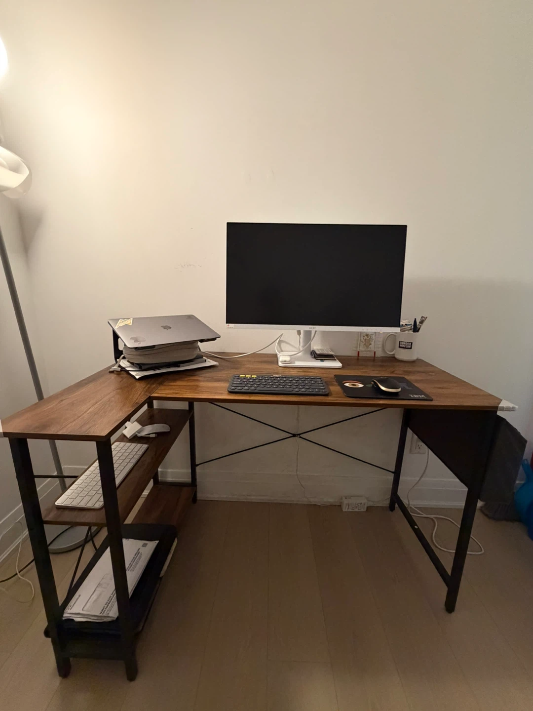 Rustic L-Shaped Computer Desk with Storage Shelves