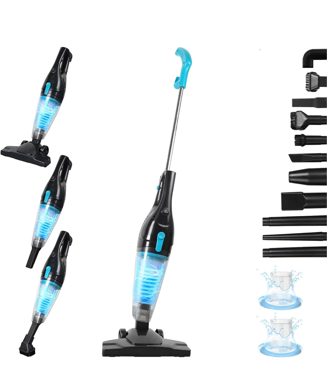 Black Stick Vacuum with Blue Accents and Multiple Attachments