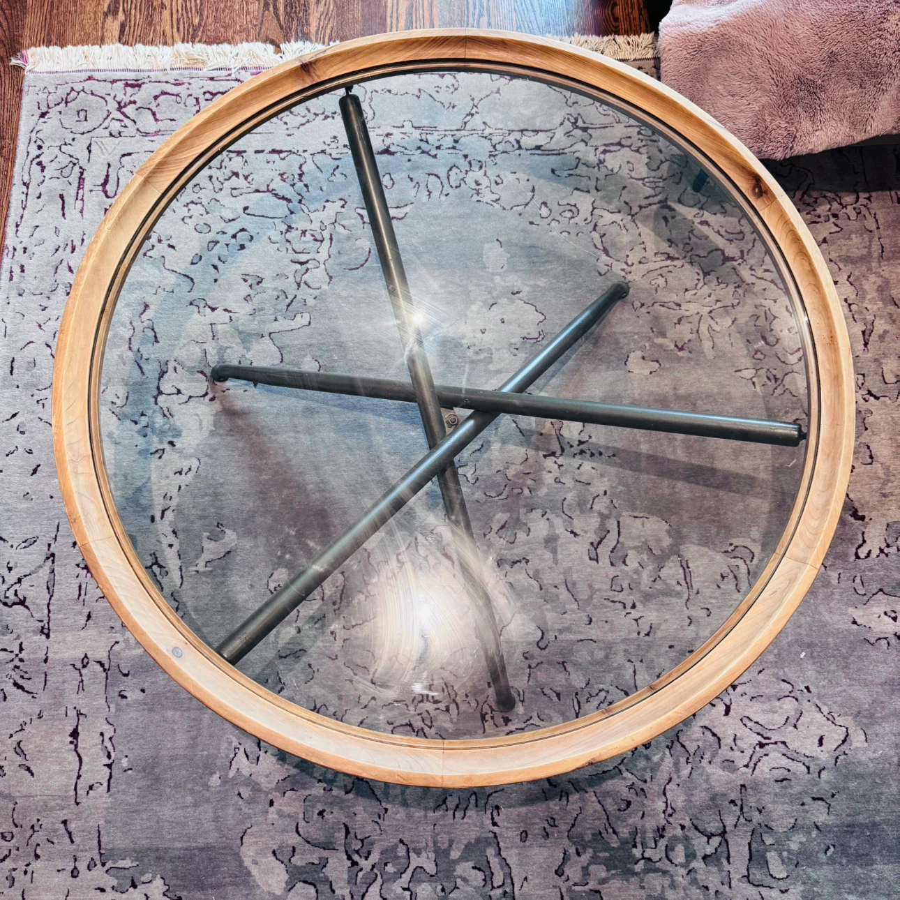 Round Glass Coffee Table with Wood Frame