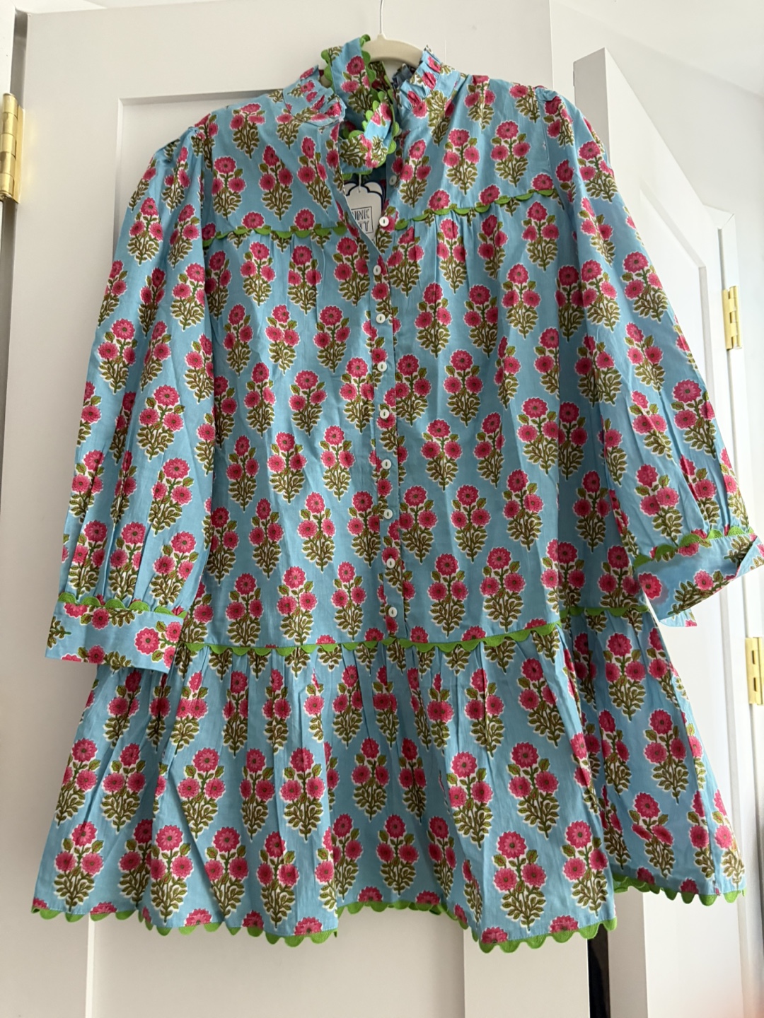 Pink City Prints Blue Floral Dress with Ruffle Collar