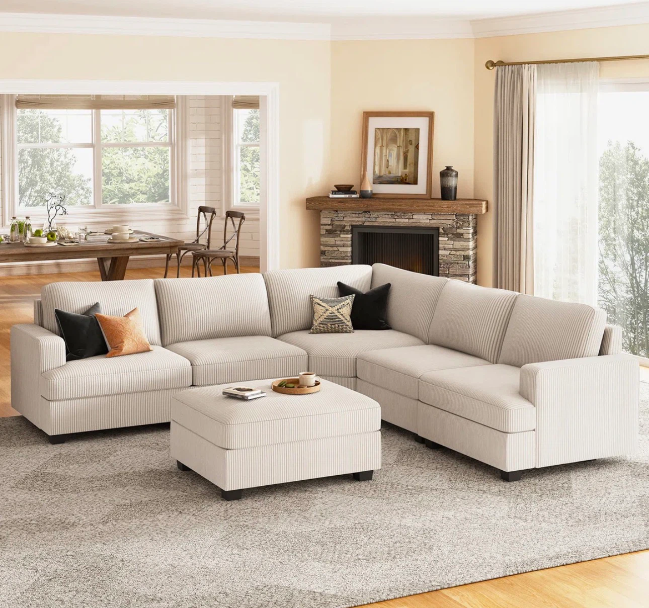 Cream Sectional Sofa with Ottoman