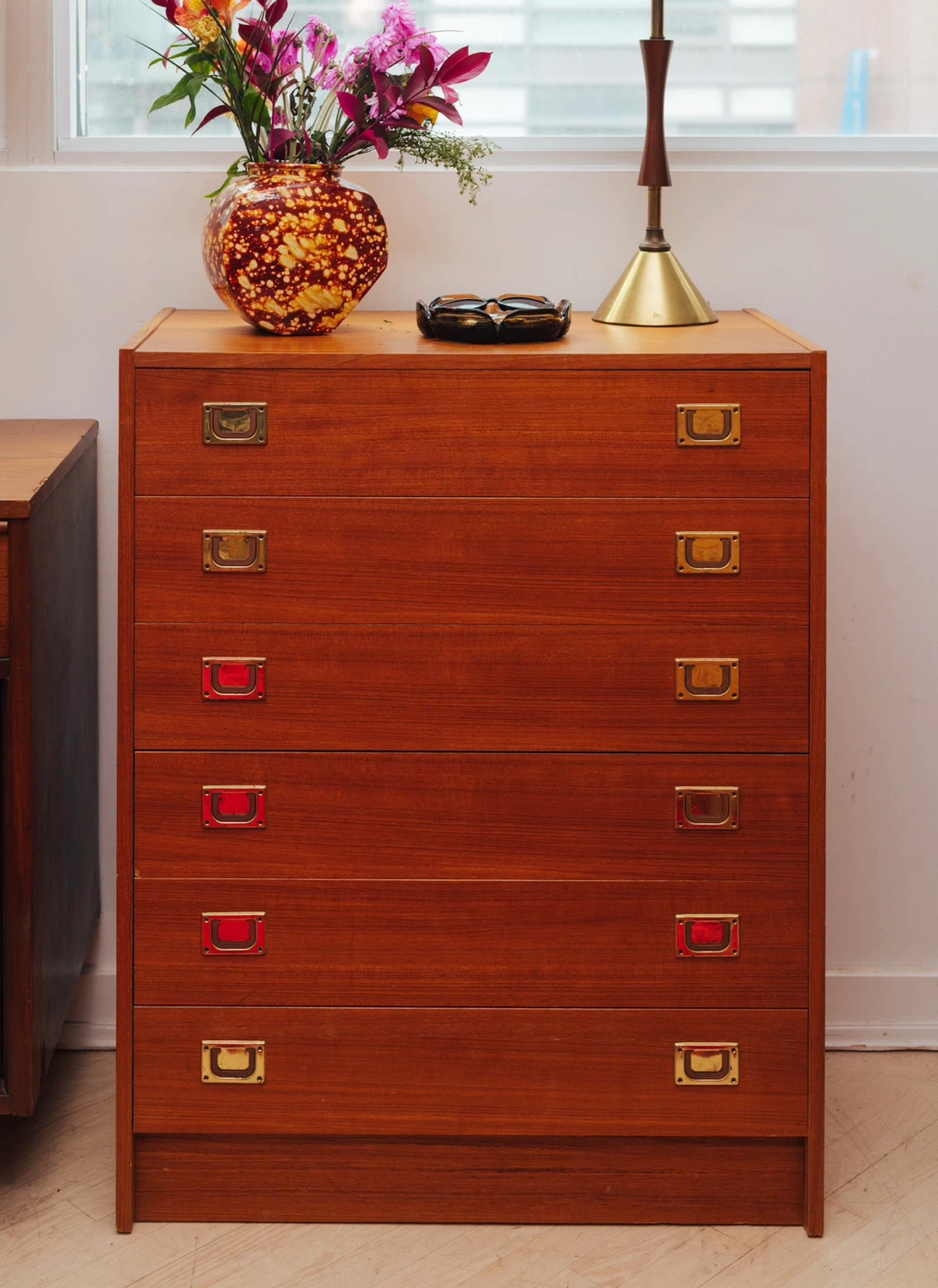 Mid Century Teak 6 Drawer Dresser | Brass Pulls