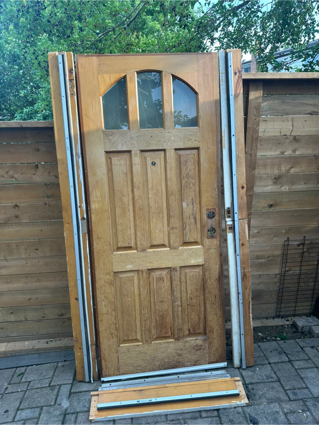 Vintage Real Natural Wood Entrance door with arched glass window