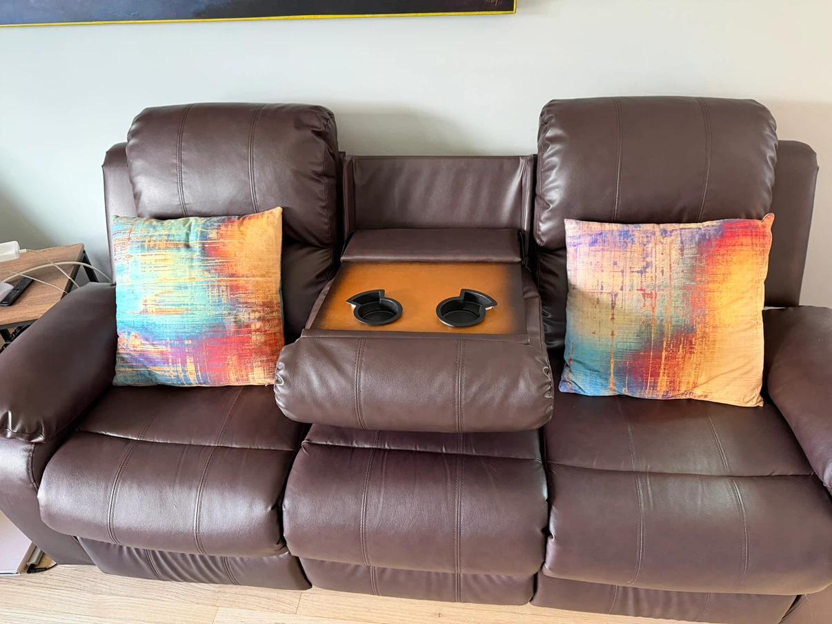 Brown Faux Leather Couch,  Loveseat & Recliner with Cup Holders