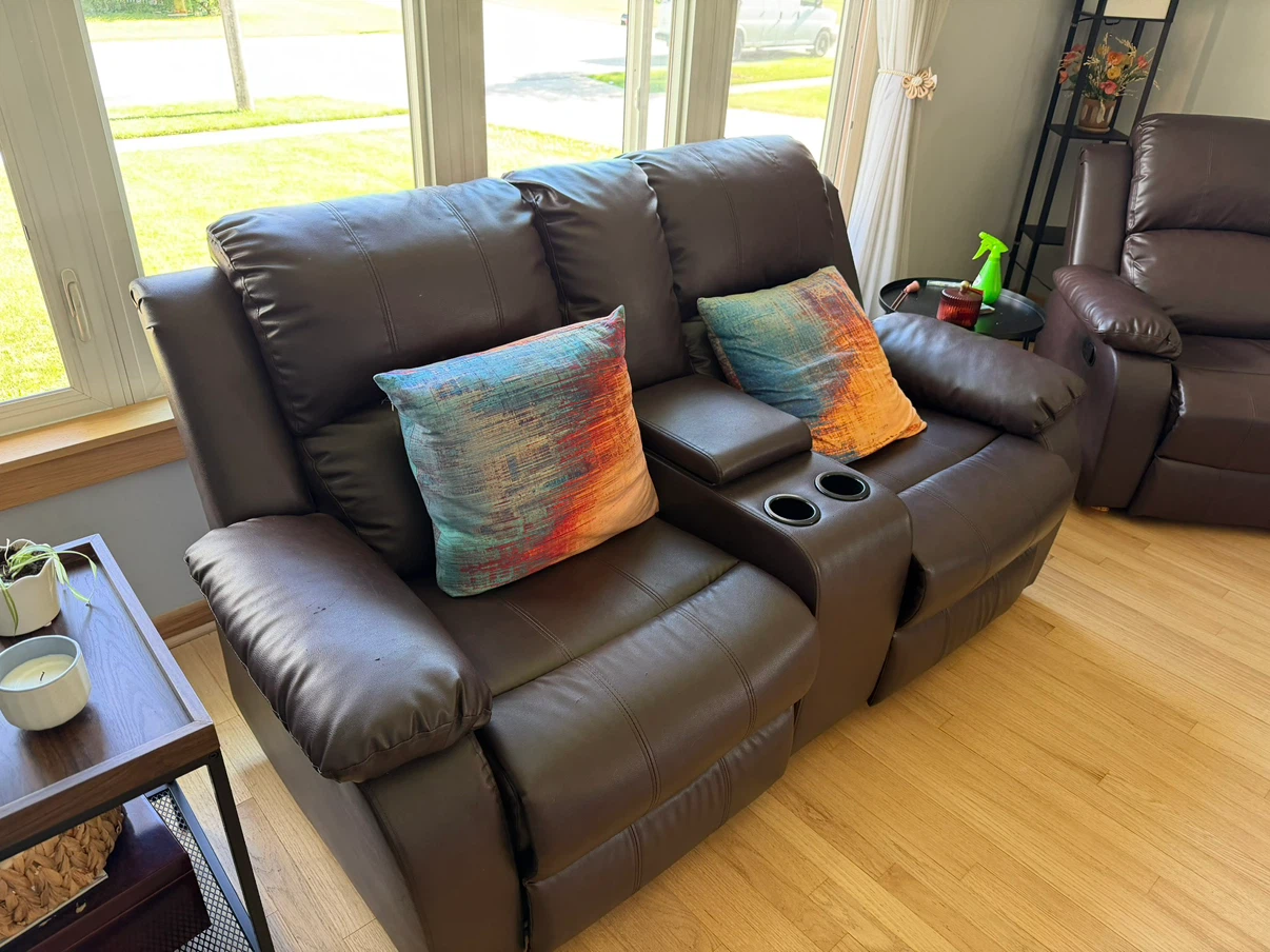 Brown Faux Leather Couch,  Loveseat & Recliner with Cup Holders - photo 2