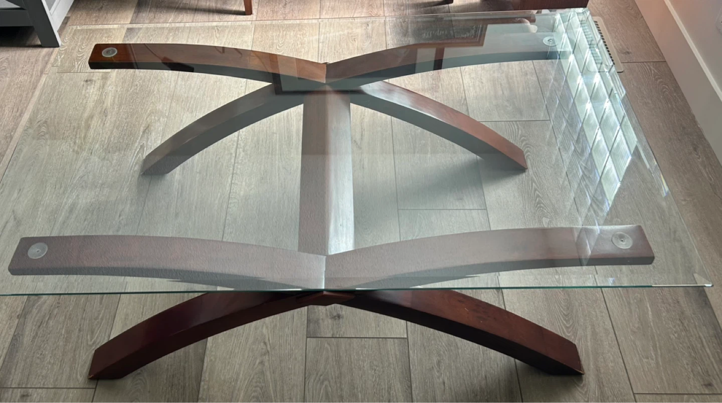 Modern Glass Top Coffee Table with Wooden Base