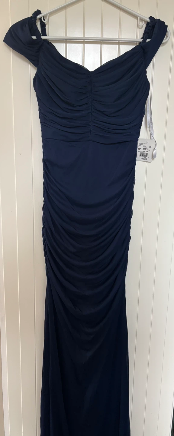Navy Blue Ruched Off-the-Shoulder Gown ( Brand new )