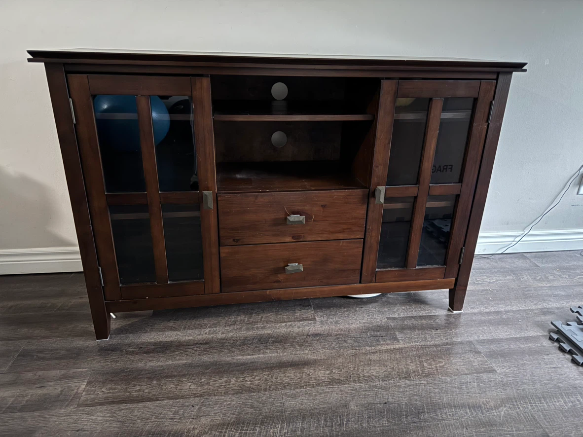 Dark Wood TV Stand with Glass Doors and Drawers - photo 2