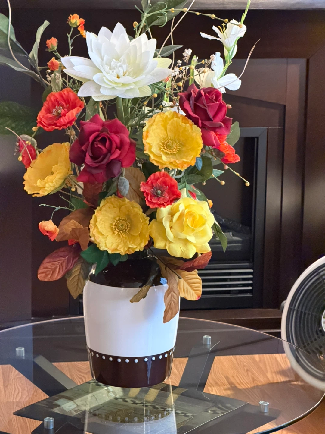 Faux Flower Arrangement in Brown and White Vase