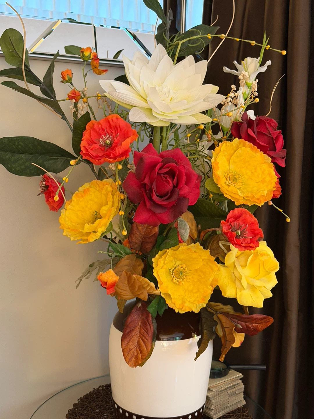 Faux Flower Arrangement in Brown and White Vase - photo 2