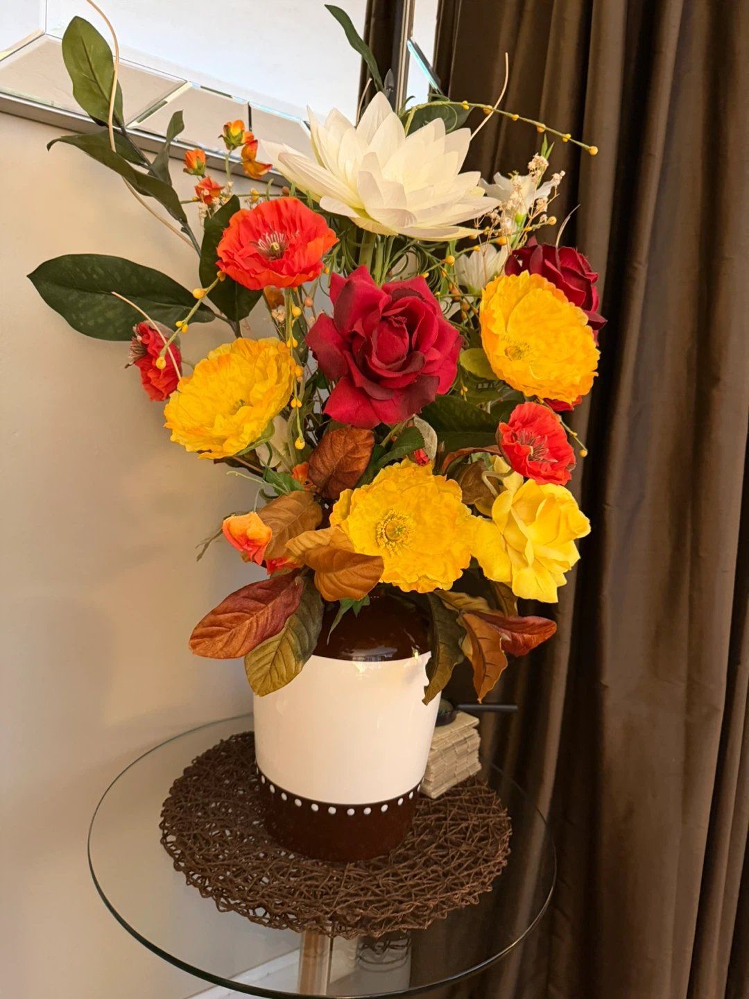 Faux Flower Arrangement in Brown and White Vase - photo 3