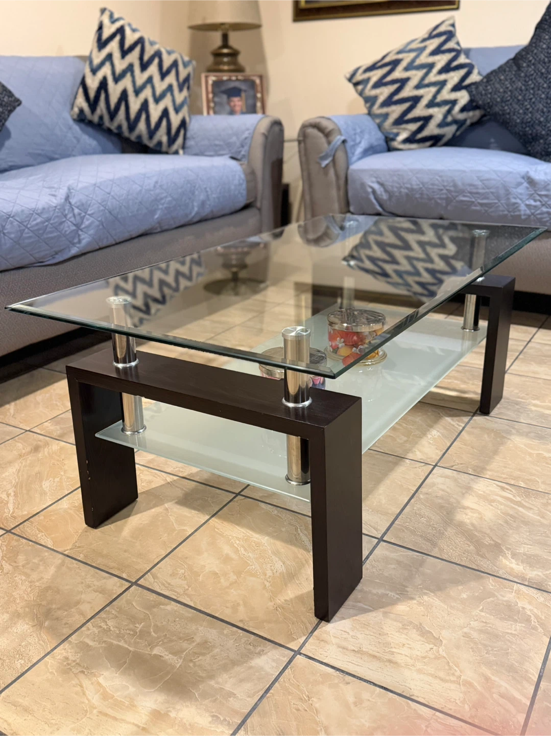 Glass Coffee Table with Wooden Frame