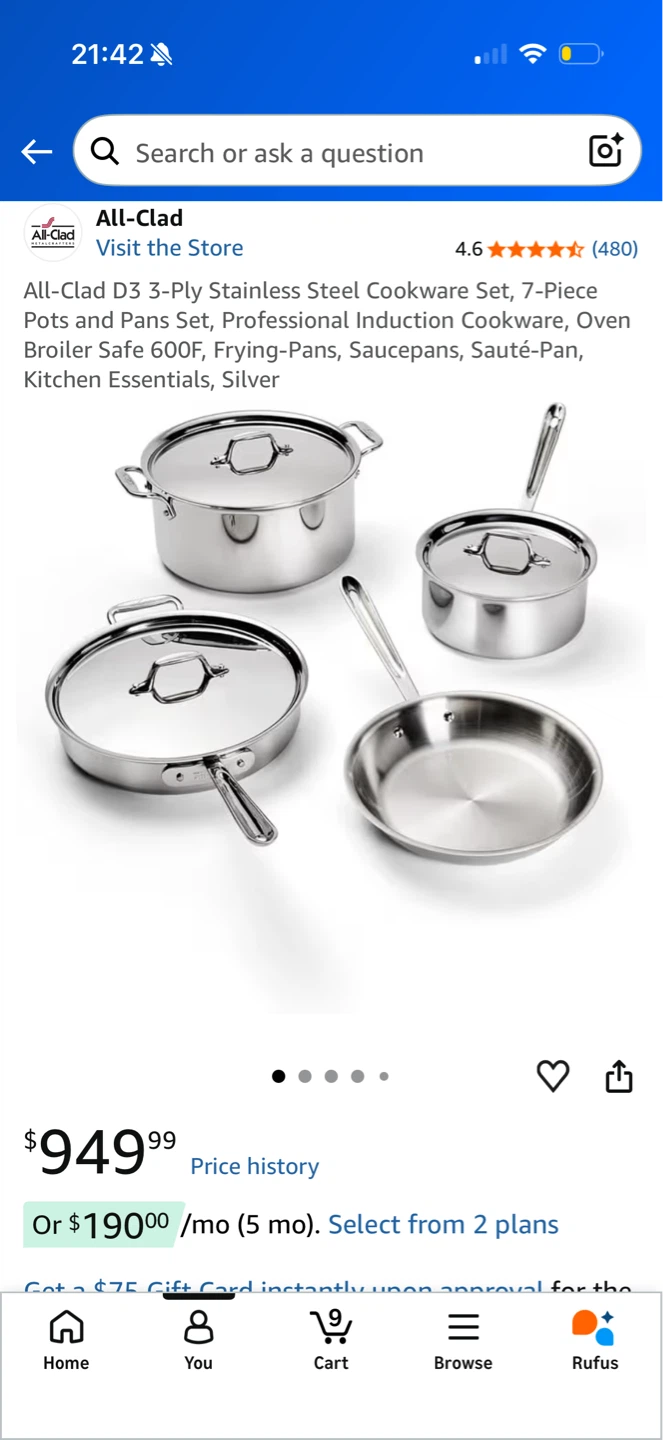 Used All-Clad D3 Stainless Steel Cookware Set, 7-Piece