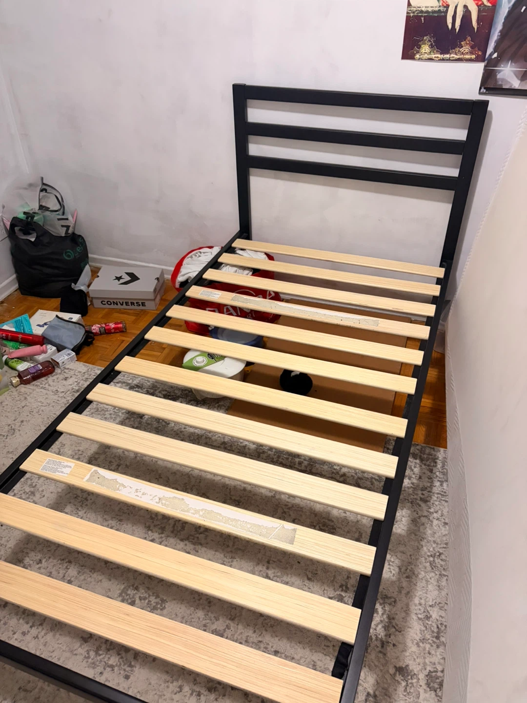 Black Metal Bed Frame with Wooden Slats