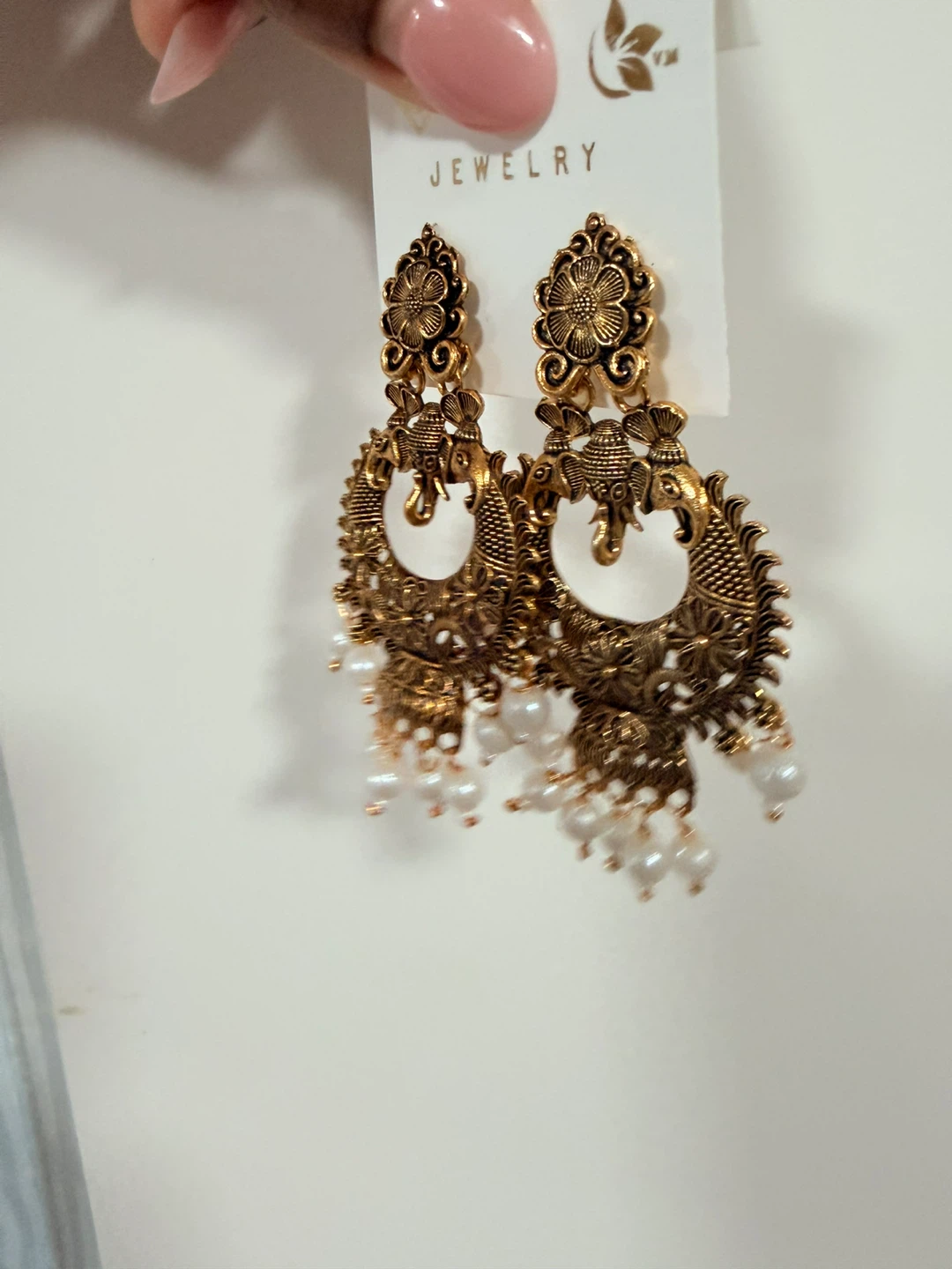 Gold Tone Elephant Dangle Earrings with Pearls - photo 4