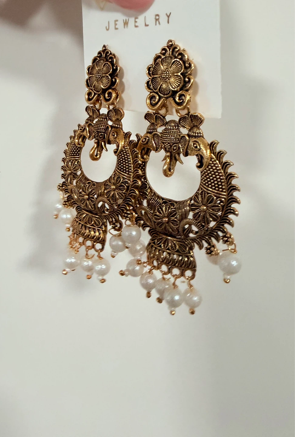 Gold Tone Elephant Dangle Earrings with Pearls - photo 3