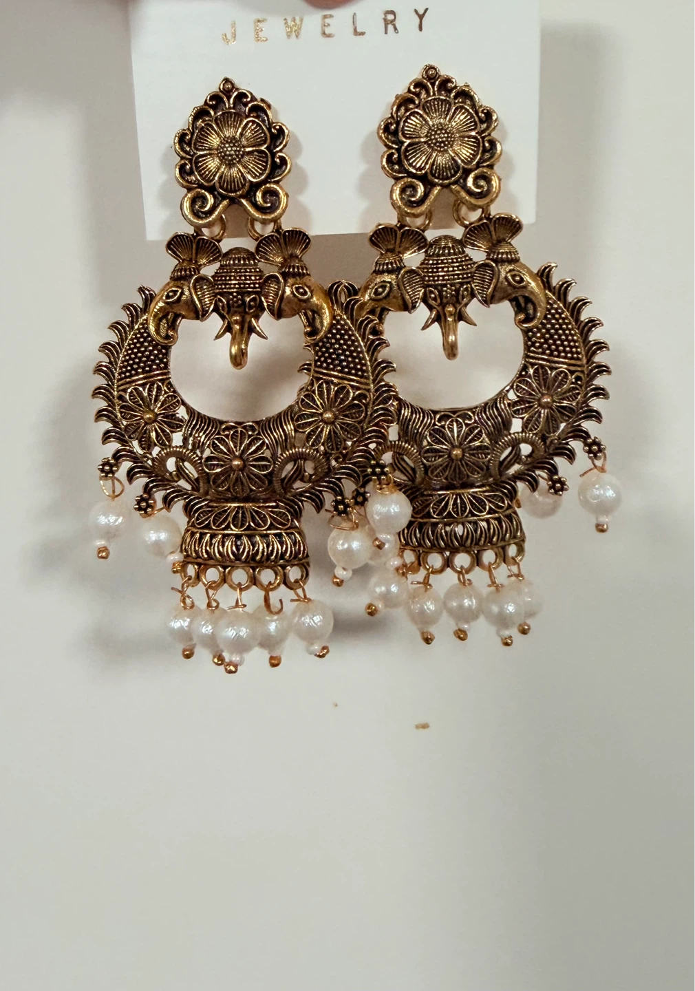 Gold Tone Elephant Dangle Earrings with Pearls