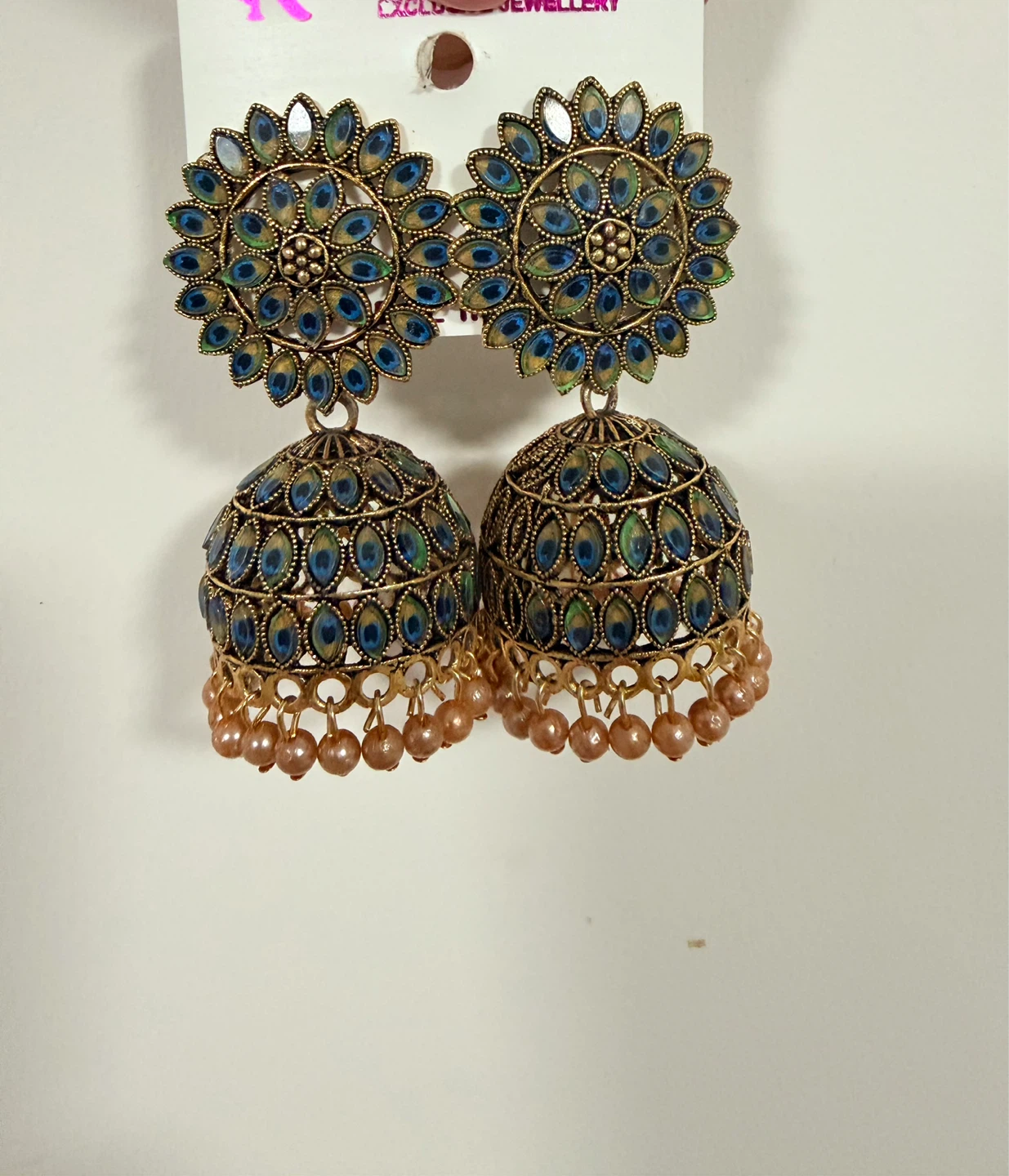 Gold-toned Jhumka Earrings with Blue Peacock Detailing - photo 2