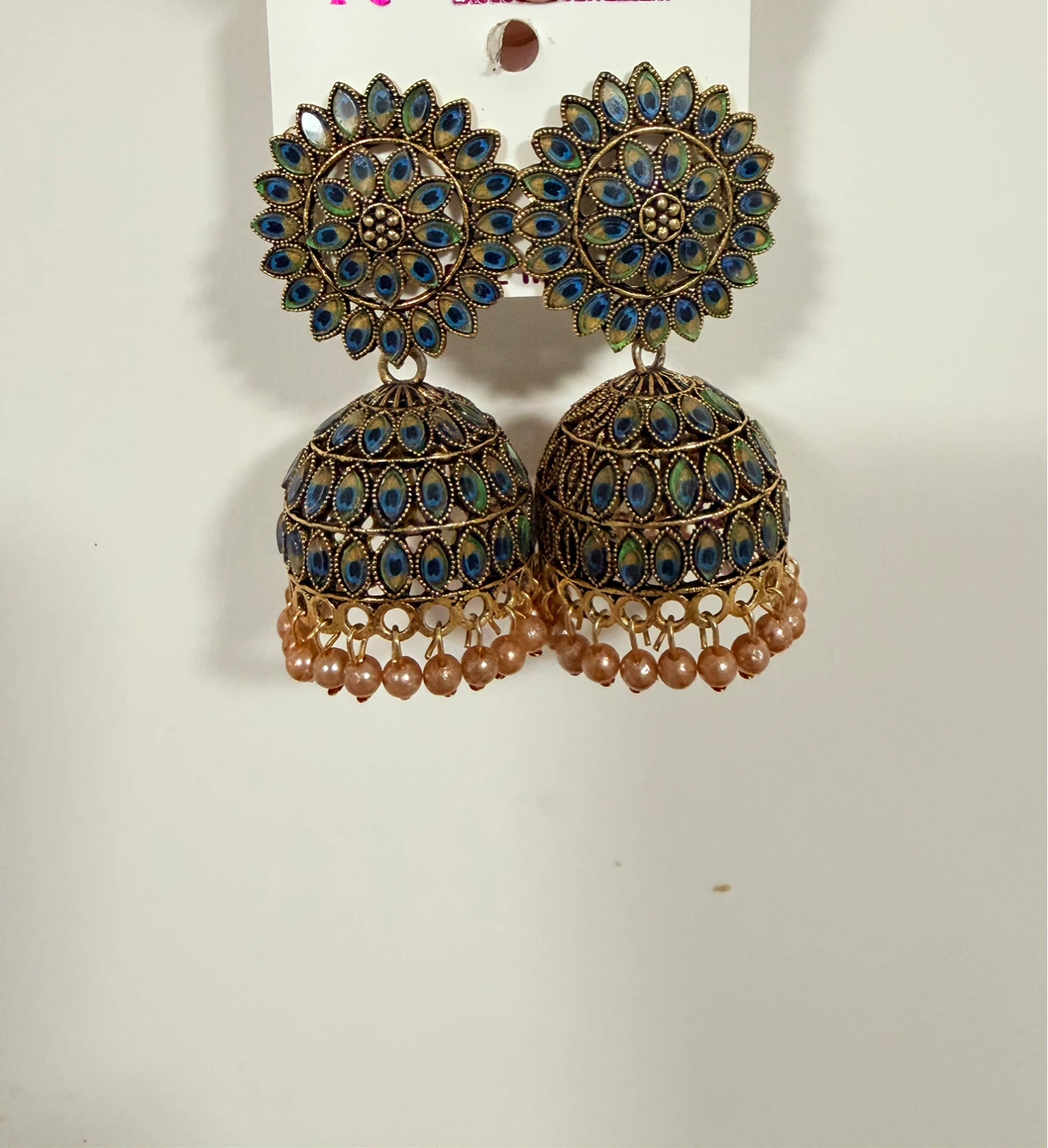 Gold-toned Jhumka Earrings with Blue Peacock Detailing - photo 3