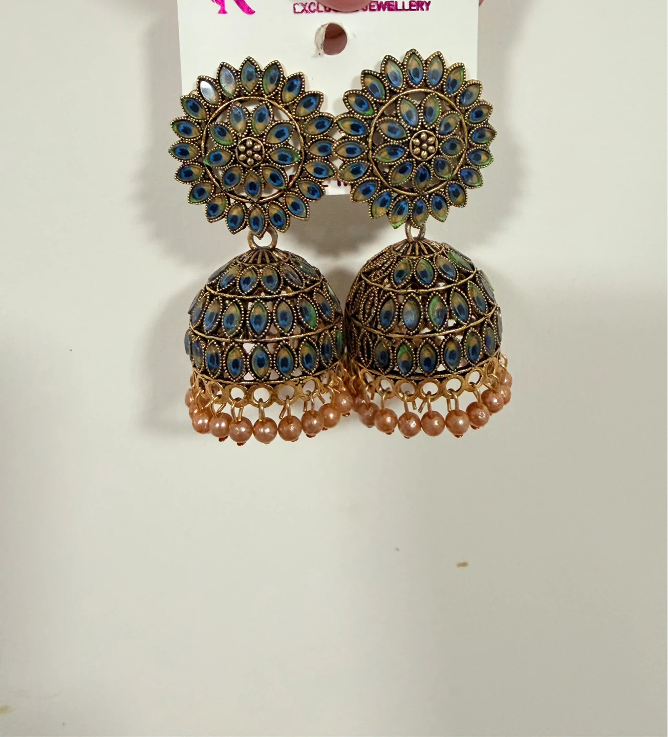 Gold-toned Jhumka Earrings with Blue Peacock Detailing - photo 4