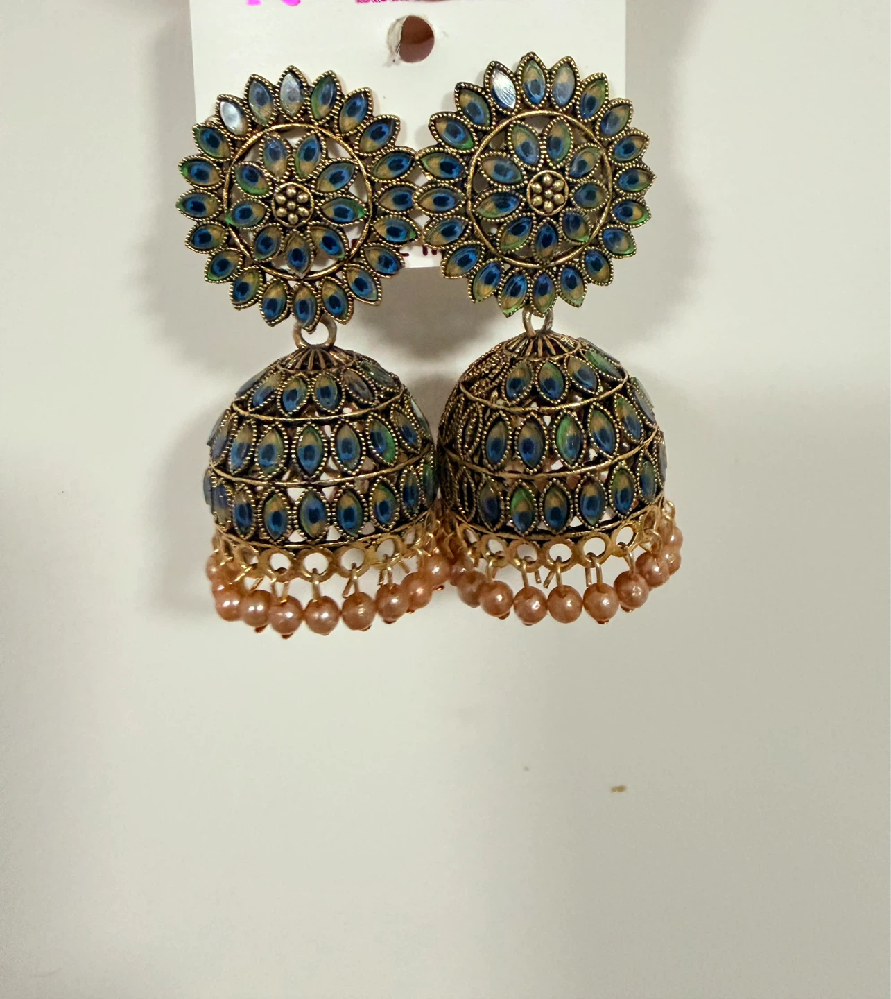 Gold-toned Jhumka Earrings with Blue Peacock Detailing - photo 5