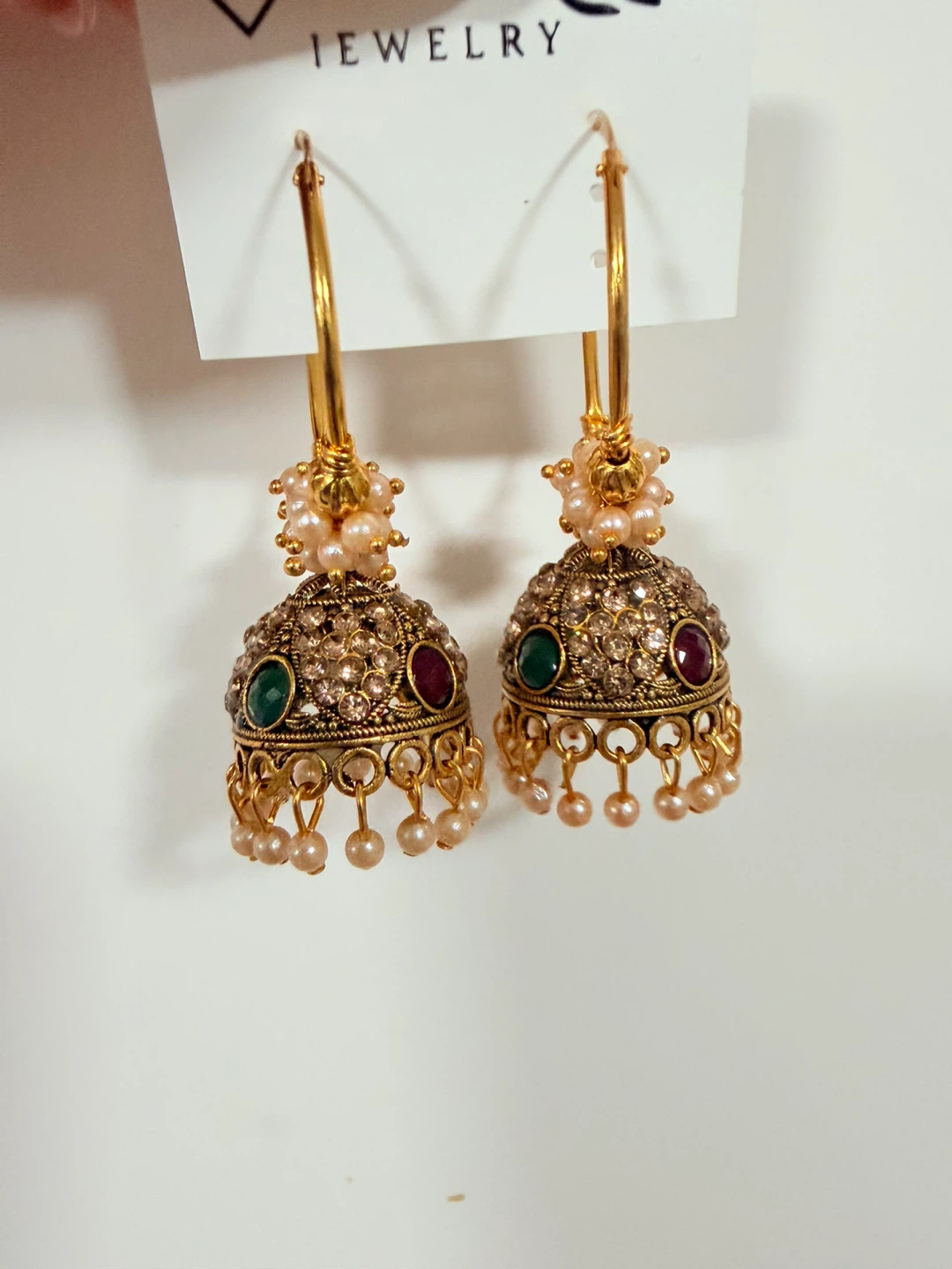 Gold Hoop Earrings with Jhumka Bell & Pearls