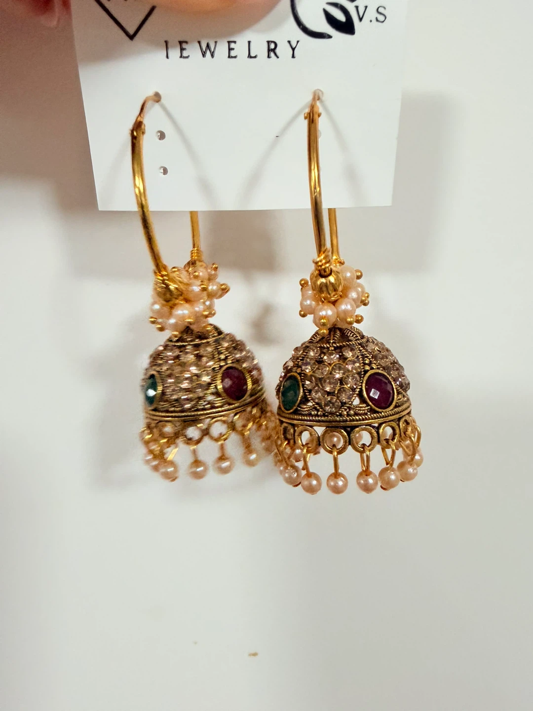Gold Hoop Earrings with Jhumka Bell & Pearls - photo 2
